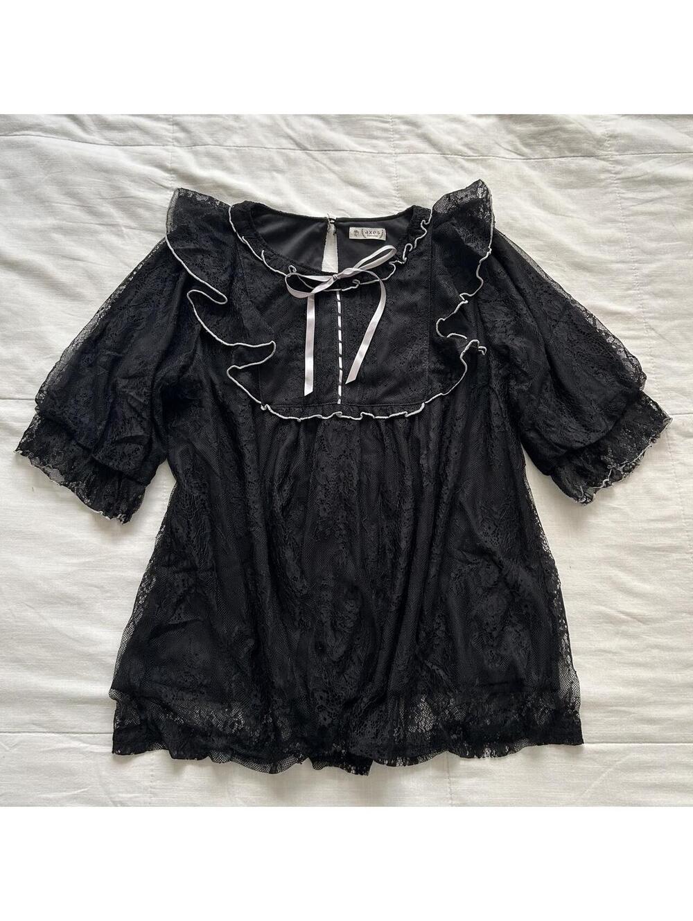 Axes Femme Black Lace Blouse Ruffle Bib Ribbon Bow Puff Sleeve M Japan